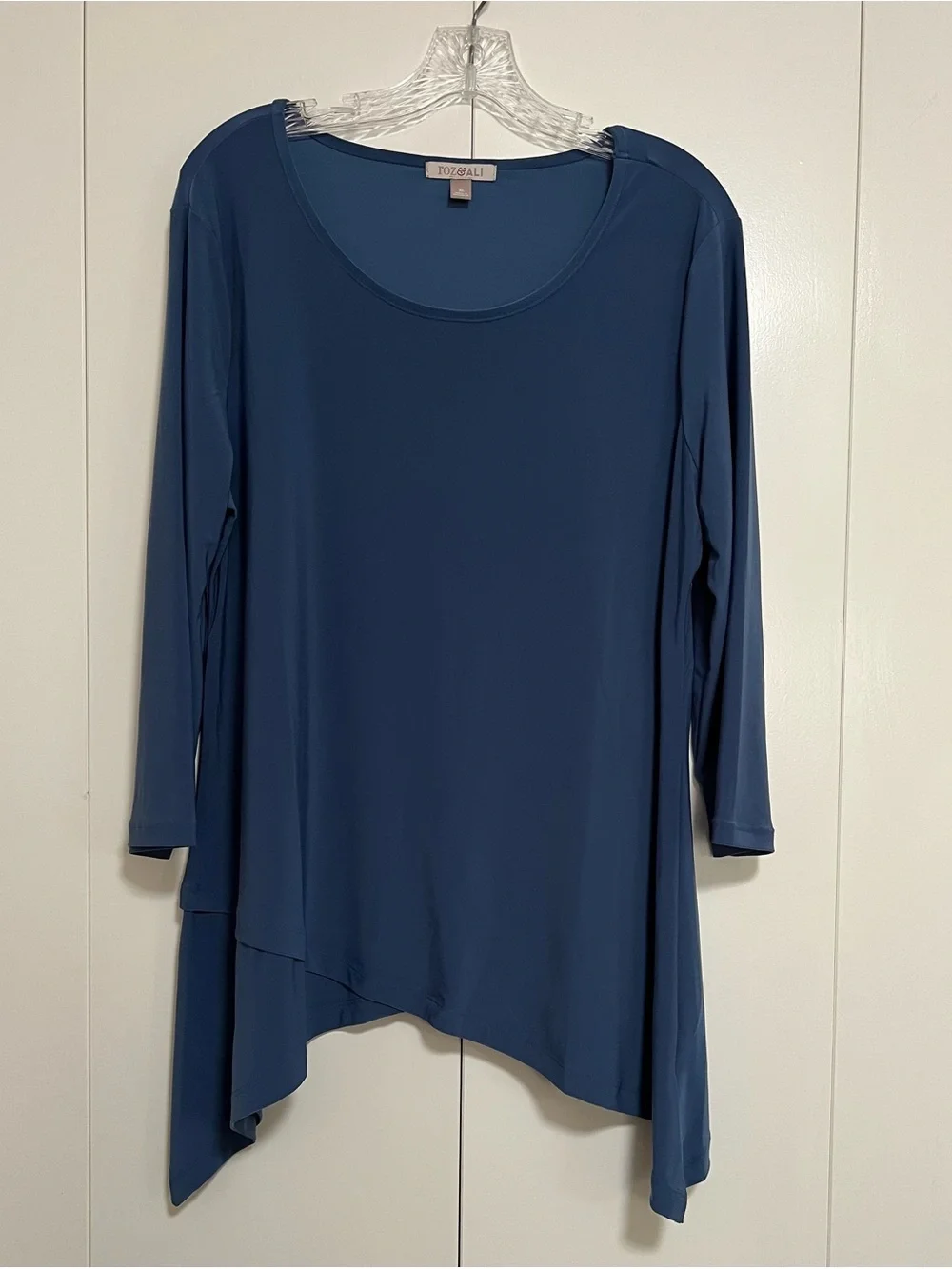 Roz & Ali Blue Tunic 3/4 Sleeve Asymmetrical Shark Bite Hem Women’s Blouse Sz XL